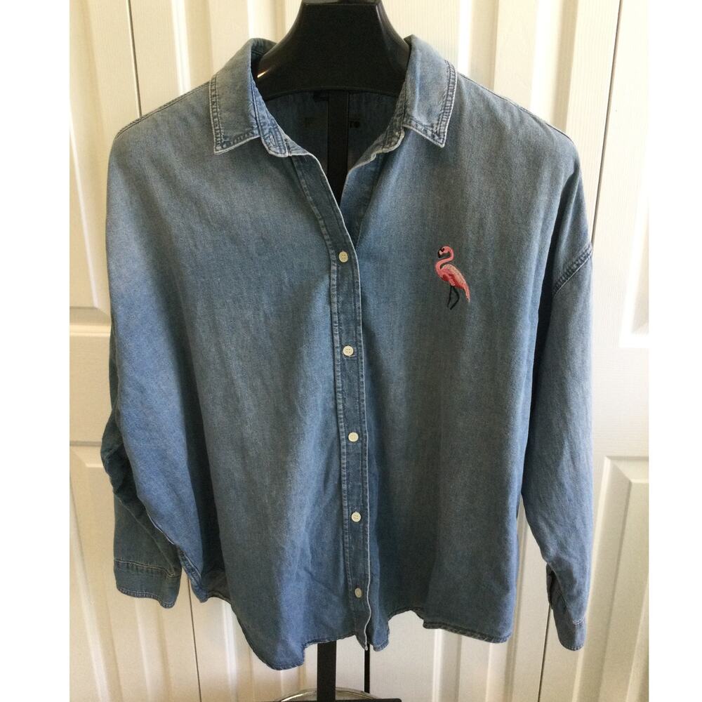 TopShop Moto Chambray Embroidered Button Up Blouse Denim Womens 12